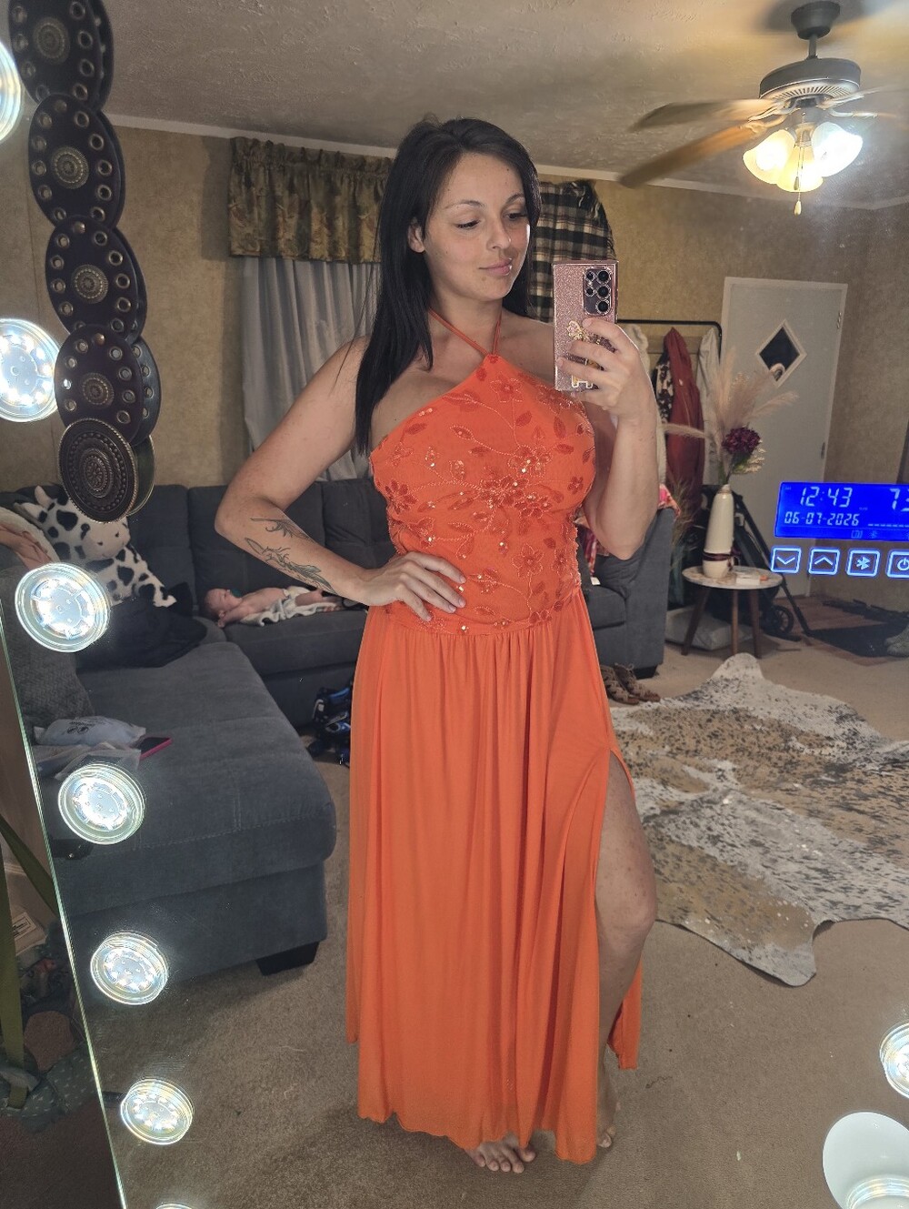 Orange Halter Prom Gown with Beaded Bodice